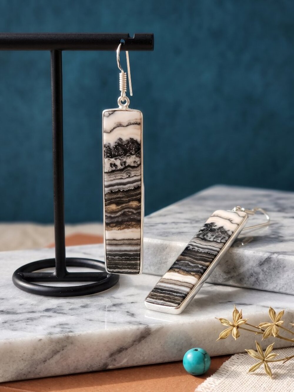 925 Sterling Silver Banded Zebra Jasper Bar Dangle Earrings Black White 2.9"